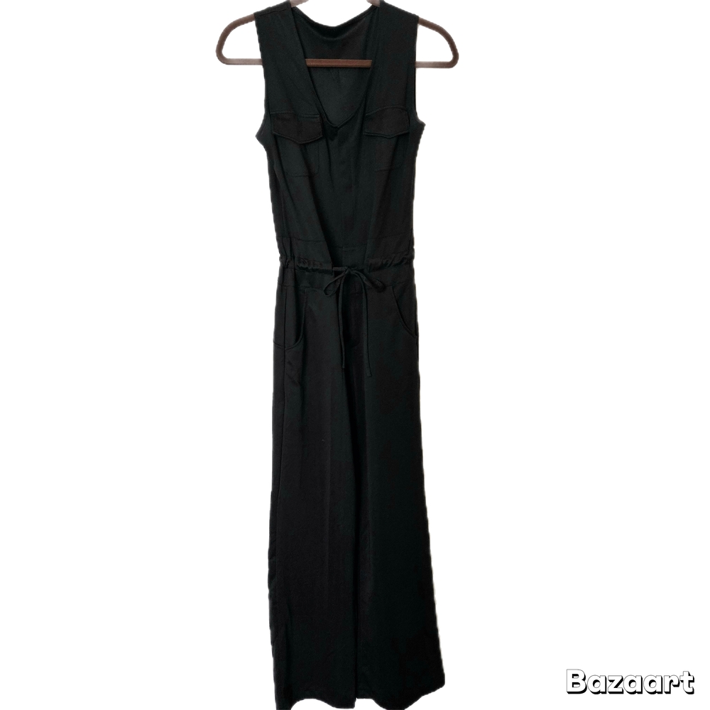 Womens Misses Black Romper Drawstring Adjustable Jumpsuit Sz M